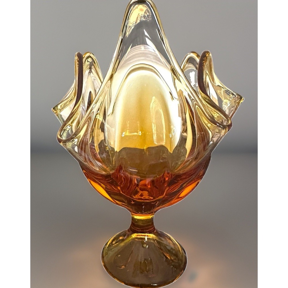Viking Amber Art Glass Handkerchief Vase Six Petal Pedestal Mid Century 7.75" T - Picture 5 of 12